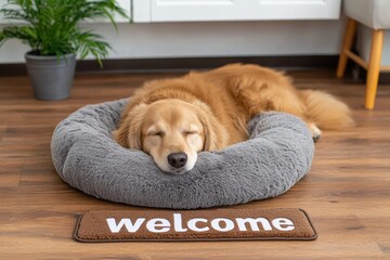 A serene golden retriever peacefully naps on a soft grey dog bed next to a welcome sign, emphasizing relaxation and companionship in a comfortable home setting.