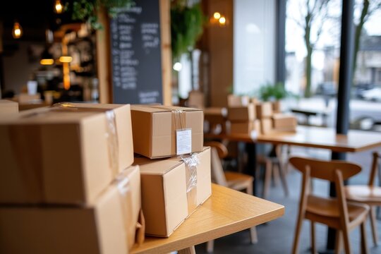 A cozy cafe setting with multiple cardboard boxes stacked on wooden tables, suggesting a focus on packaging, delivery, or organization themes.
