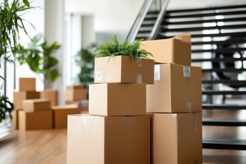 A collection of cardboard boxes stacked near a stairway in a modern office environment, accompanied by a small plant on one of the boxes, representing moving or delivery.