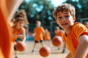A young child in orange sportswear enthusiastically participates in a basketball game on an outdoor court, surrounded by other kids and basketballs in motion.