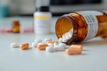 An assortment of prescription pill bottles lies open on a white surface with white and orange pills scattered around, highlighting concerns over medication use.