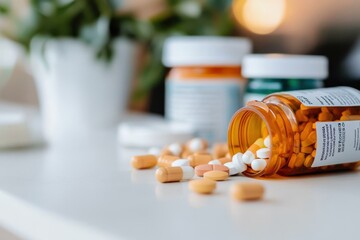 A close-up view of prescription pills scattered on a smooth, clean surface, with a focus on medication management and health implications for modern lifestyles.
