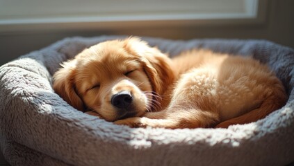 Golden Retriever Puppy Asleep in a Bed