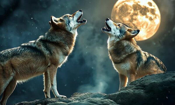 A pair of wolves howling on a rocky cliff under a full moon, their silhouettes sharply outlined against the moonlight and the stars scattered across the night sky