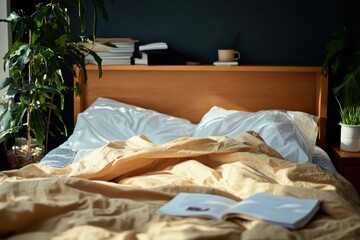 A warmly sunlit bedroom showcasing cozy ambiance with neatly arranged pillows, fresh green plants, and open books, creating a peaceful and serene living space.