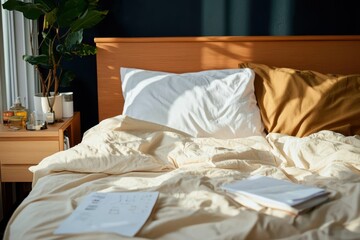 A peaceful and inviting bedroom with sunlight streaming in, complemented by green plants and open books, creating a mood of tranquility and cozy relaxation.