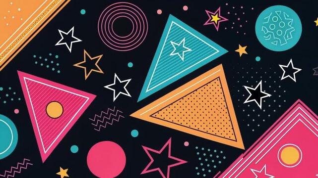 Abstract Shapes A collage of abstract shapestriangles circles and starsin bright colors such as hot pink orange and teal floats against a contrasting black background creating an