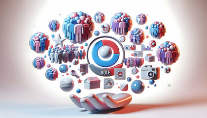 Fototapeta premium 3D Holographic Voter Demographics Bubbles Close-Up with Population Insights on White Background