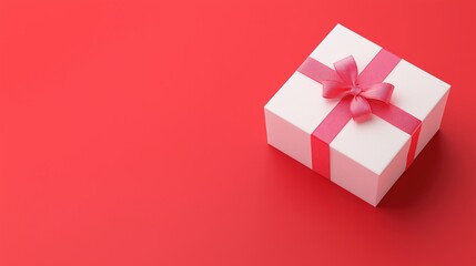 Obraz premium Elegant White Gift Box with Pink Ribbon on Red Background for Celebrations, Birthdays, Holidays, or Anniversaries, Featuring Minimalist Design, Top View, Perfect for Festive and Romantic Themes