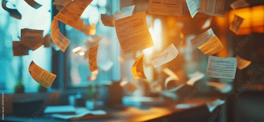 Poster papers floating in a sunlit office, creating a dynamic and chaotic atmosphere.