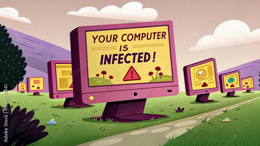 Poster an animated digital landscape filled with oversized popup windows that bounce playfully. the colors 