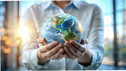 Abstract Hands Cradling Earth with Business Elements Overlay for Global Responsibility Concept