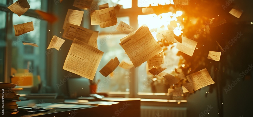 Poster papers floating in sunlight within a cozy workspace.