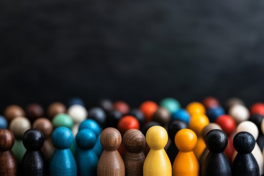 Colorful wooden figures arranged in a crowd with a dark background showcasing diversity and unity in design