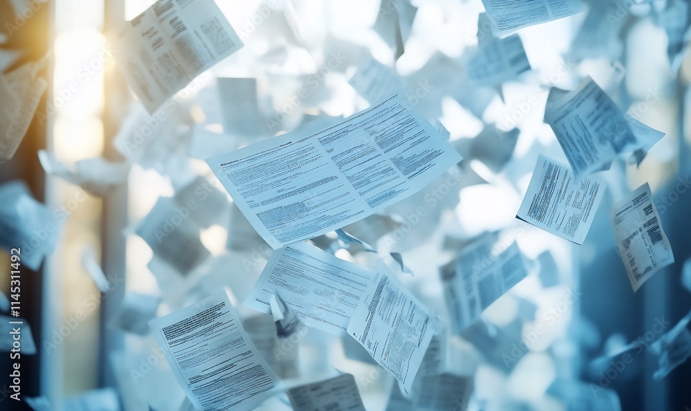 Poster papers floating in the air, suggesting chaos or disorganization in a workspace.