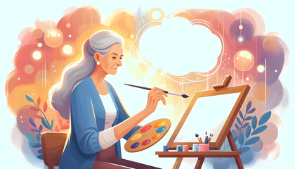Flat Elderly woman painting with bokeh digital art background and copy space concept as Highlight an elderly woman engaged in painting set against a bokeh digital art background that adds a creative a