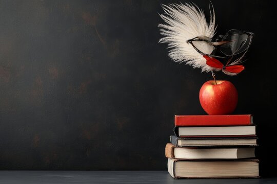 Creative arrangement of books, an apple, and accessories on a dark background