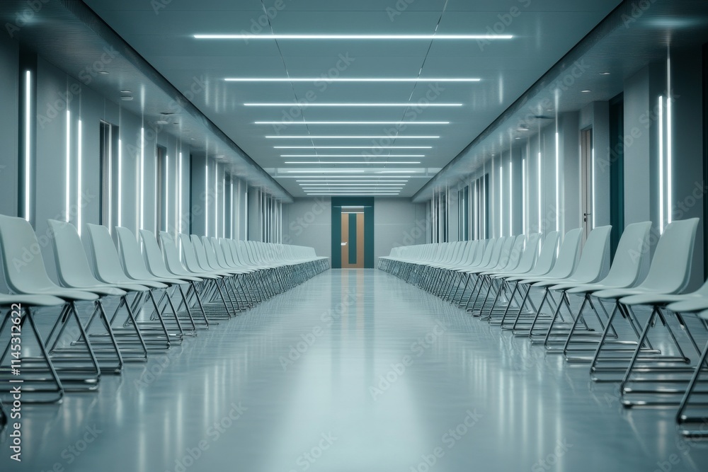 Poster empty hallway with rows of chairs illuminated by modern lighting in a minimalist design