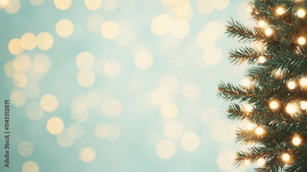 Poster festive gold sparkling lights on fir tree with soft bokeh background for holiday season design and c