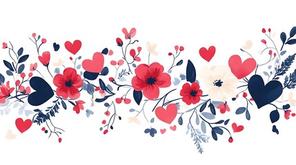 Elegant Valentine's banner with floral accents and heart designs on a white background 