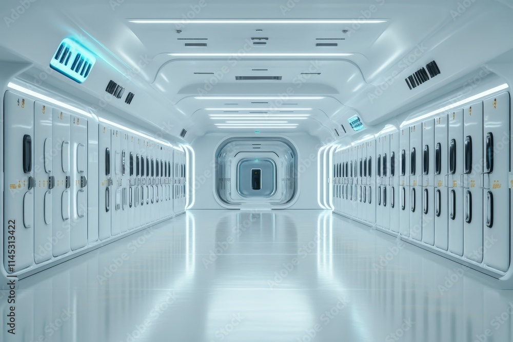 Poster futuristic corridor with sleek design and illuminated walls in a space station environment