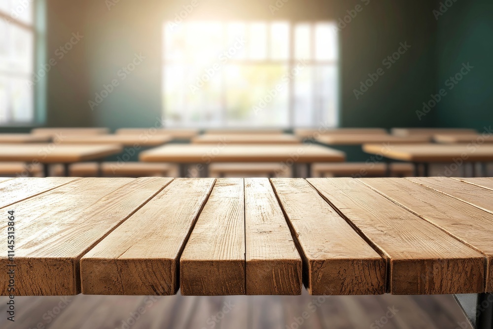 Poster classroom setting with empty wooden desks and soft sunlight streaming through the windows in the lat