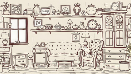 Vintage furniture and home design objects in shop, hand-drawn digital illustration, with white tones