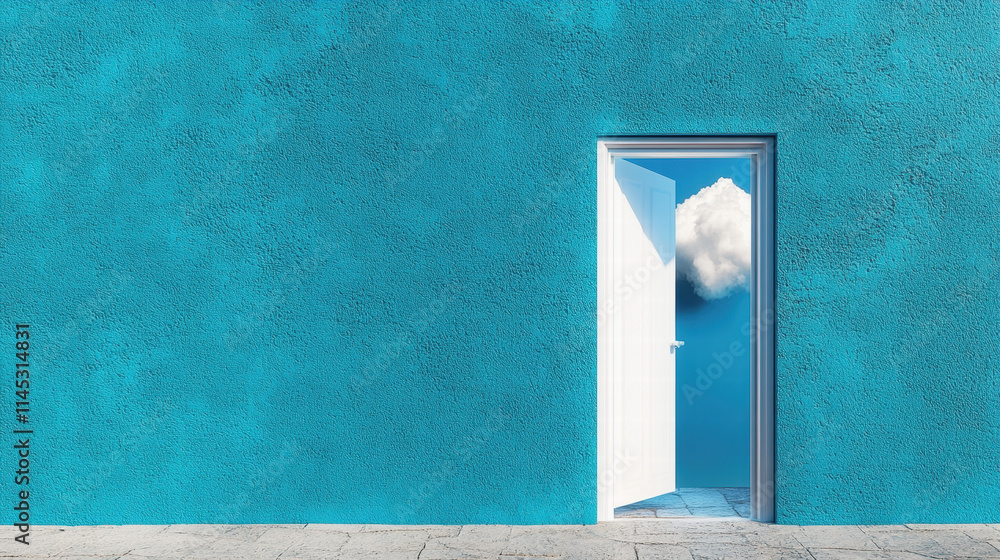 Poster an open door on the right side of an empty blue wall with clouds in the background