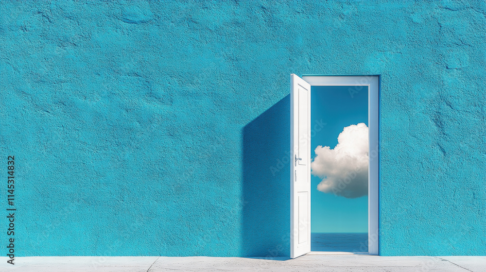 Poster an open door on the right side of an empty blue wall with clouds in the background