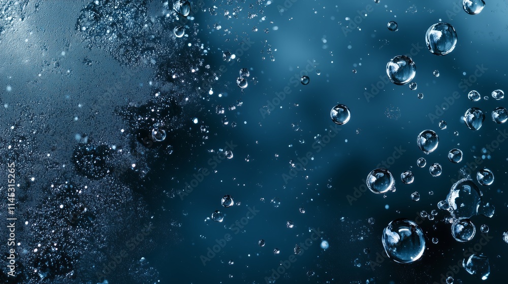 Poster bubbles rising in deep blue water create a mesmerizing underwater view filled with movement and tran