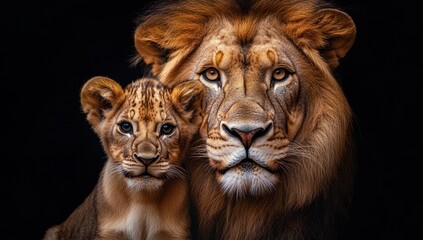 Fototapeta premium Majestic Lion and Cub: A Portrait of Power and Innocence