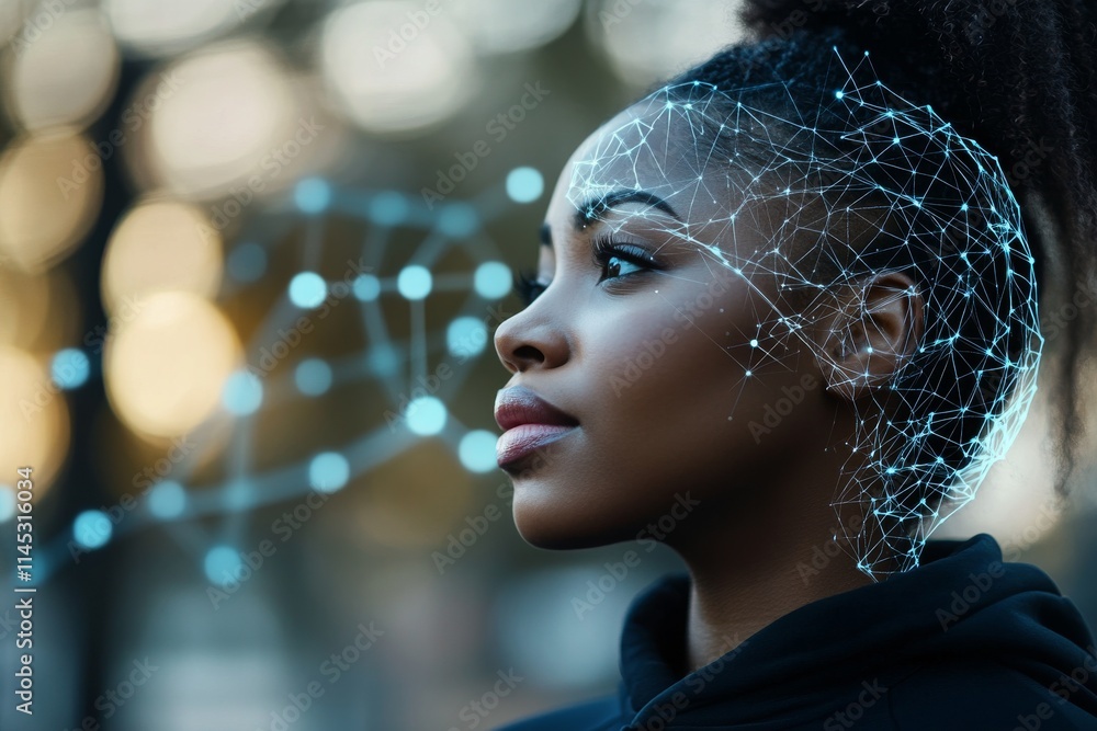 Poster young woman in profile with digital network overlay representing technology and connection in an out