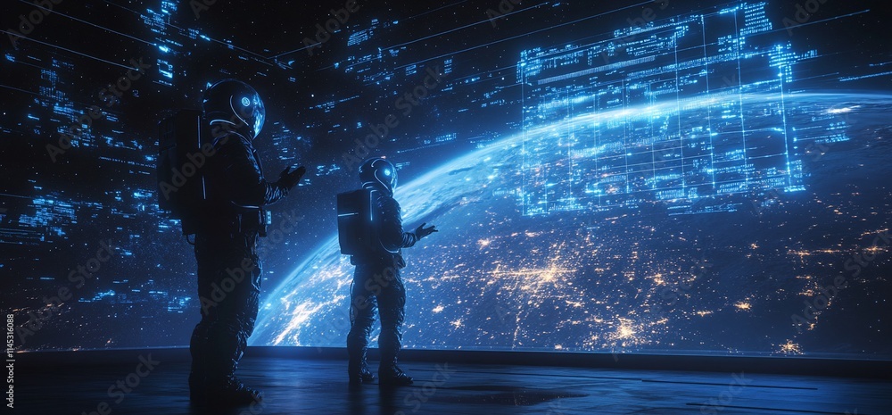 Aufkleber two astronauts observe a holographic display of earth from a futuristic setting.