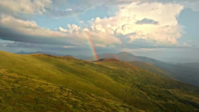 Rainbow after rain on ridge Svydovets, Ukraine