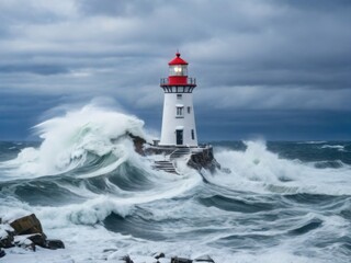 A fabulous winter landscape, a winter sentinel, a lighthouse in a winter storm on a rocky coastline amidst raging waves