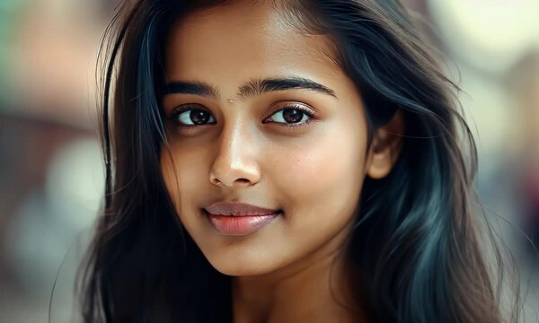 24-year-old Indian woman with delicate features and long black hair styled, looking directly at the camera with a knowing, slightly mischievous smile