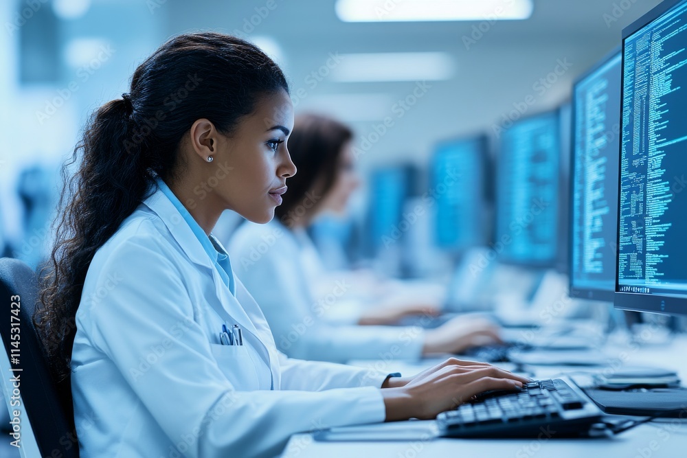 Poster medical professional analyzing data at computer workstation in modern lab environment during daytime