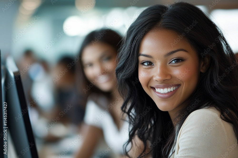 Aufkleber young women engaging in a collaborative work environment while smiling at their computers in a moder