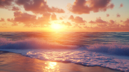 mesmerizing sunrise over the sea, with the water in motion and blurred, symbolizing chaos, renewal, and the natural beauty of the horizon as the day begins