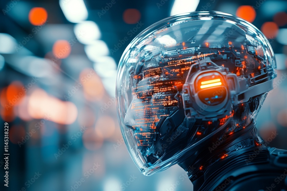 Poster futuristic astronaut explores digital realms in a high-tech environment with glowing data streams
