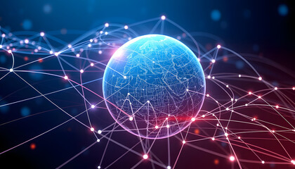 Global international connectivity background 3D illustration. Connection lines around earth globe. Motion of digital data flow, photo, with white tones