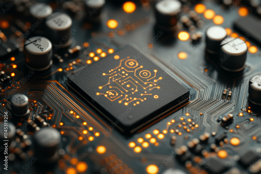 Poster close up of computer chip with intricate circuits and glowing elements