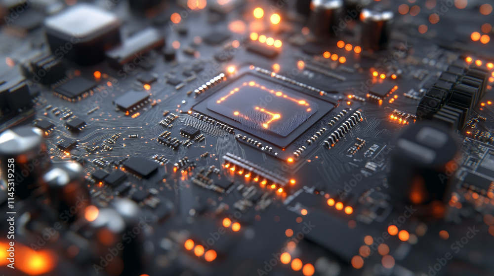 Poster close up of computer chip with glowing circuits and intricate details