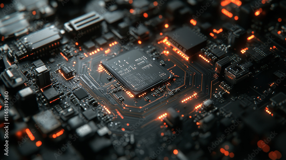 Poster close up of computer chip with ai capabilities, showcasing intricate details and glowing