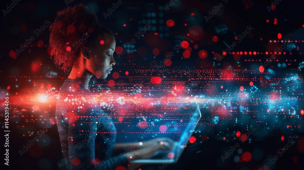 Aufkleber woman coding on laptop, digital data streams flow.