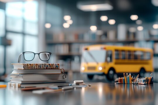 Books and school bus create an inviting study environment for students preparing for the new school year