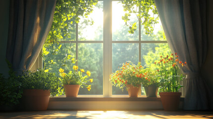 A sunny window with potted plants and flowers, morning light shining through the curtains. The background is an open field of trees