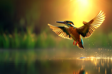Obraz premium Bird Emerging From Water While Diving to Catch Fish at Sunrise in a Serene Natural Setting