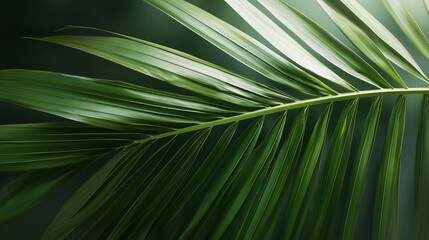Close-up of a vibrant green palm leaf showcasing intricate texture and details in natural light