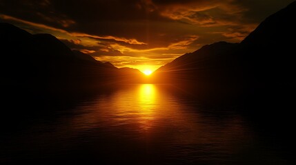 A breathtaking alpine sunset where the sun’s golden rays create a dramatic contrast with the dark shadows of the towering mountains and the still waters of a nearby lake 